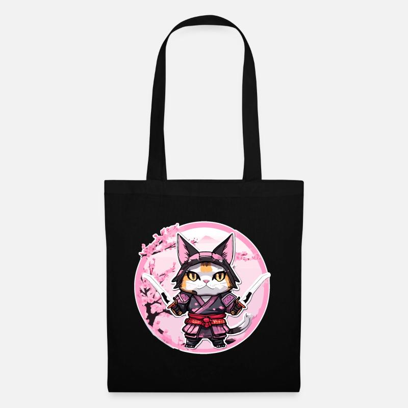 Chat samouraï & fleurs de cerisier #1 - Sac en tissu - noir