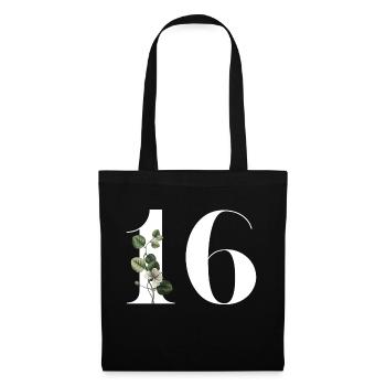 Nummer 16 Blumengrün -16. Blumengeburtstag - Stoffbeutel - Schwarz - Vorne