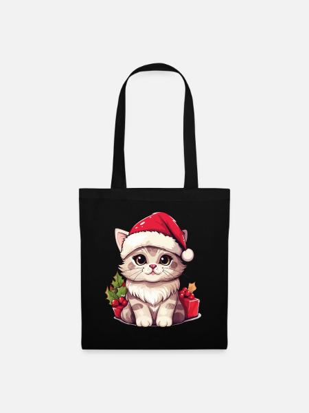 Katze Weihnachten Weihnachtskatze Süß Cartoon - Stoffbeutel - Schwarz
