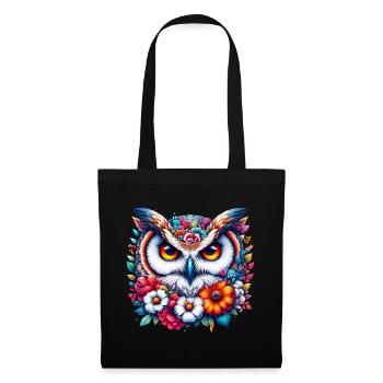 Hibou décoré de fleurs - Sac en tissu - noir - Devant