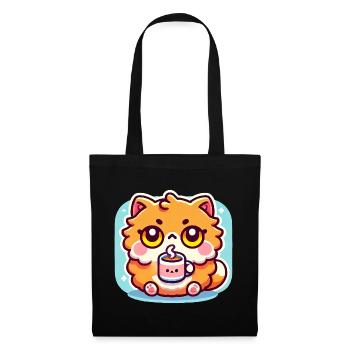 Süße Kaffeekatze, Kawaii - Stoffbeutel - Schwarz - Vorne