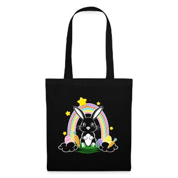 Osterhase Hase mit Regenbogen und Ostereier - Stoffbeutel - Schwarz - Vorne