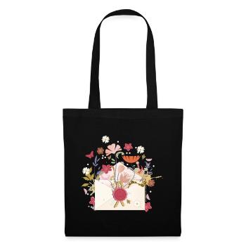 floraler Briefumschlag mit Blüten und Siegel - Stoffbeutel - Schwarz - Vorne