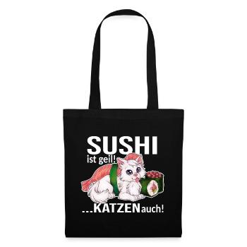 Sushi ist geil, Katzen auch - lustige Sushi Cat - Stoffbeutel - Schwarz - Vorne