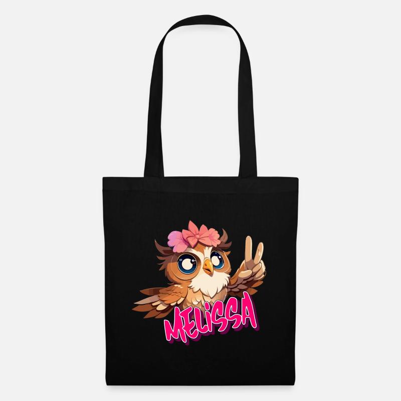 MELISSA - Schöner Mädchen Name mit süßer EULE - Stoffbeutel - Schwarz