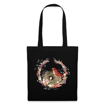 Dried Flower Wreath with Bird's Nest and Bird Motif - Tote Bag - black - Front
