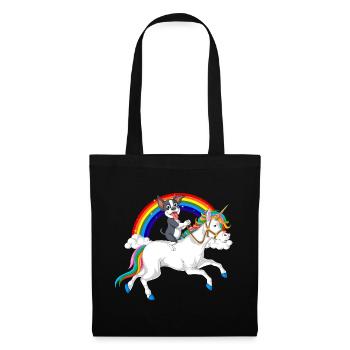 Verspielter Boston Terrier Welpe und Regenbogen-Einhorn - Stoffbeutel - Schwarz - Vorne