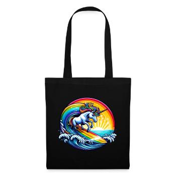 Surfendes Einhorn auf Regenbogenwelle - Stoffbeutel - Schwarz - Vorne