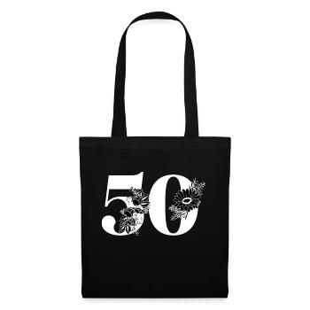 Nummer 50 Schwarze Blumen - 50. Blumengeburtstag - Stoffbeutel - Schwarz - Vorne