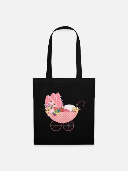 Verspielter Blumen-Kinderwagen –Romantisches Motiv - Stoffbeutel - Schwarz