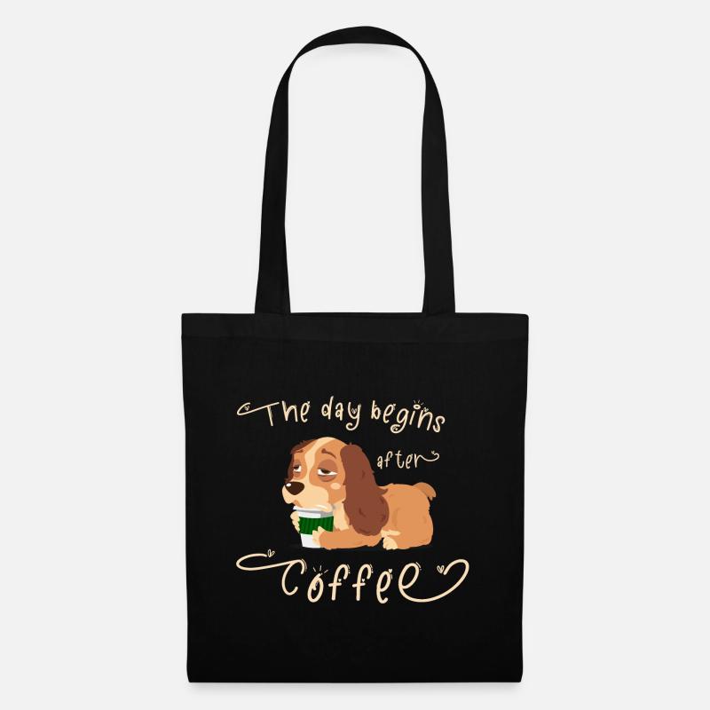 Der Tag beginnt nach dem Kaffee - Hundekarikatur - Stoffbeutel - Schwarz