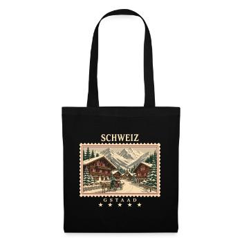 Schweiz Gstaad Vintage Reisemarke - Stoffbeutel - Schwarz - Vorne