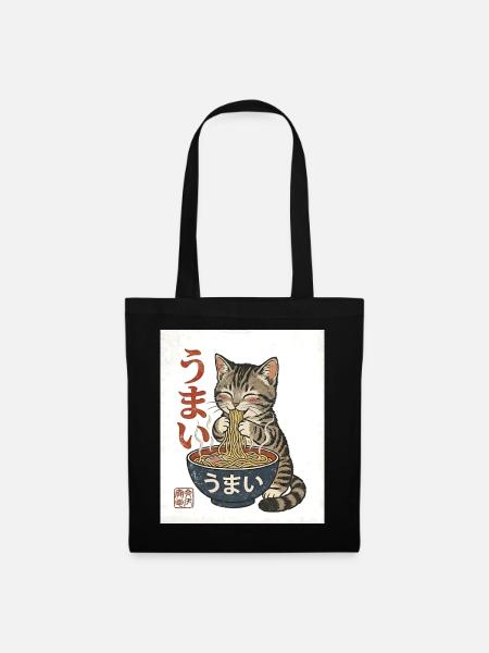 Kawaii Katze isst Ramen – Umai Japan Retro - Stoffbeutel - Schwarz