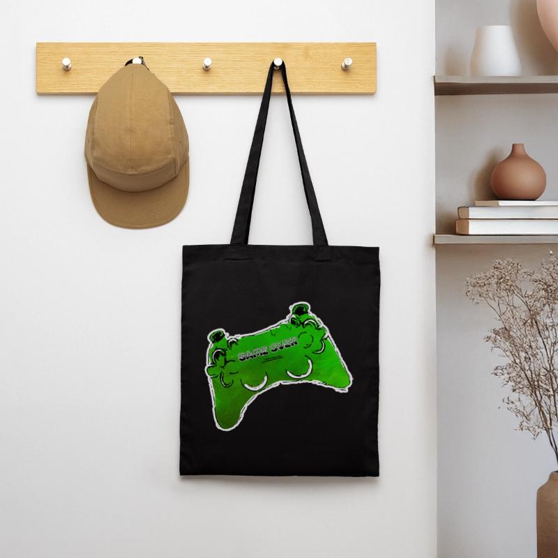 gruener Comic Controller mit Text GAME OVER Stoffbeutel