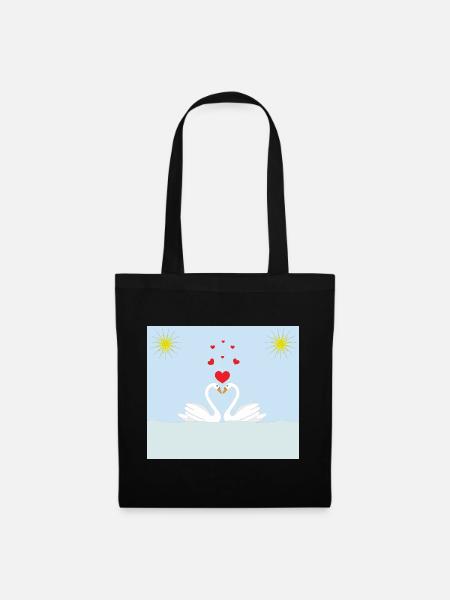 Two white love swans in the water and red hearts - Tote Bag - black