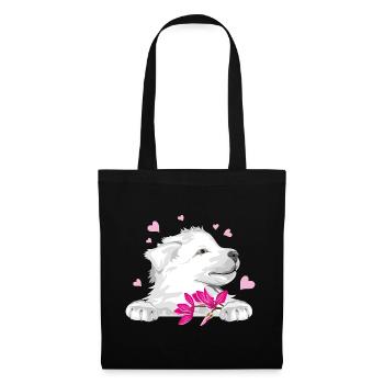 Glücklicher Schweizer Schäferhund mit Blumen und Herzen - Stoffbeutel - Schwarz - Vorne