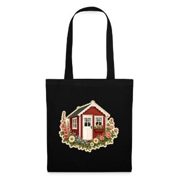 Rotes Schwedenhaus mit Blumen im Tinyhaus Stil  - Stoffbeutel - Schwarz - Vorne