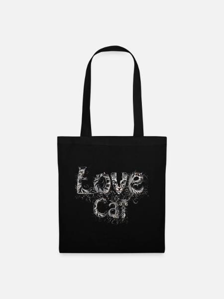 Flauschiger Love Cat Schriftzug mit Katzen-Gesicht - Stoffbeutel - Schwarz