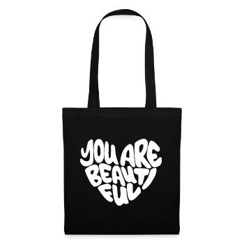 you are beautiful - Lettering / Weiß in herzform - Stoffbeutel - Schwarz - Vorne