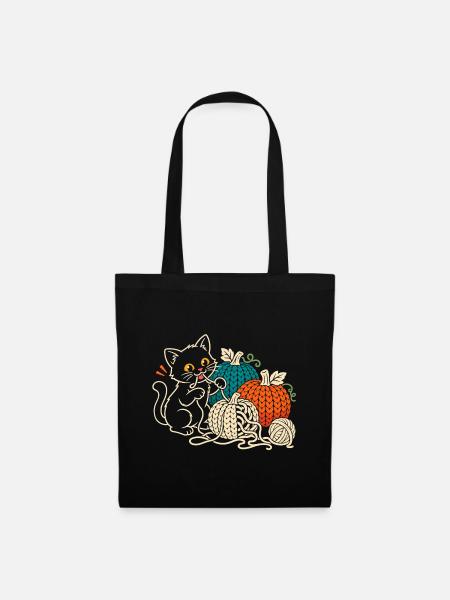 Süße schwarze Katze mit Garn Kürbisse Cozy Autumn - Stoffbeutel - Schwarz