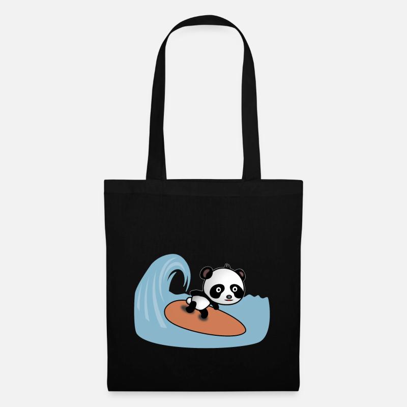 Panda Surfer reitet die Welle - Comic Style Motiv - Stoffbeutel - Schwarz