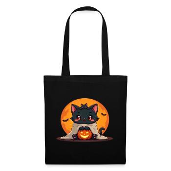 Halloween Katze mit Halloween Kürbis - Stoffbeutel - Schwarz - Vorne