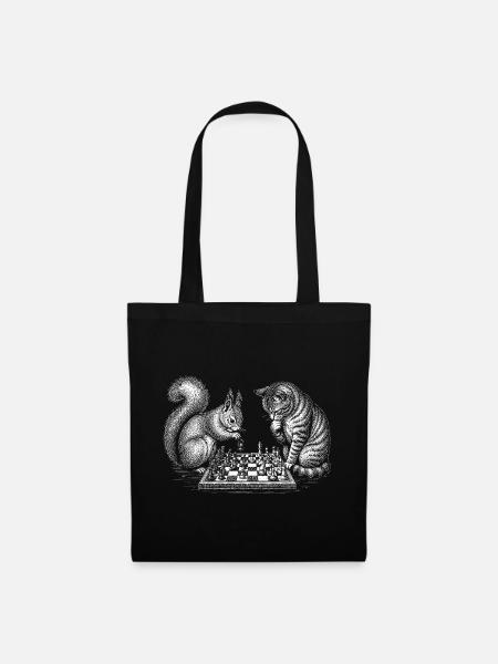 Ein Eichhörnchen und eine Katze spielen Schach - Stoffbeutel - Schwarz