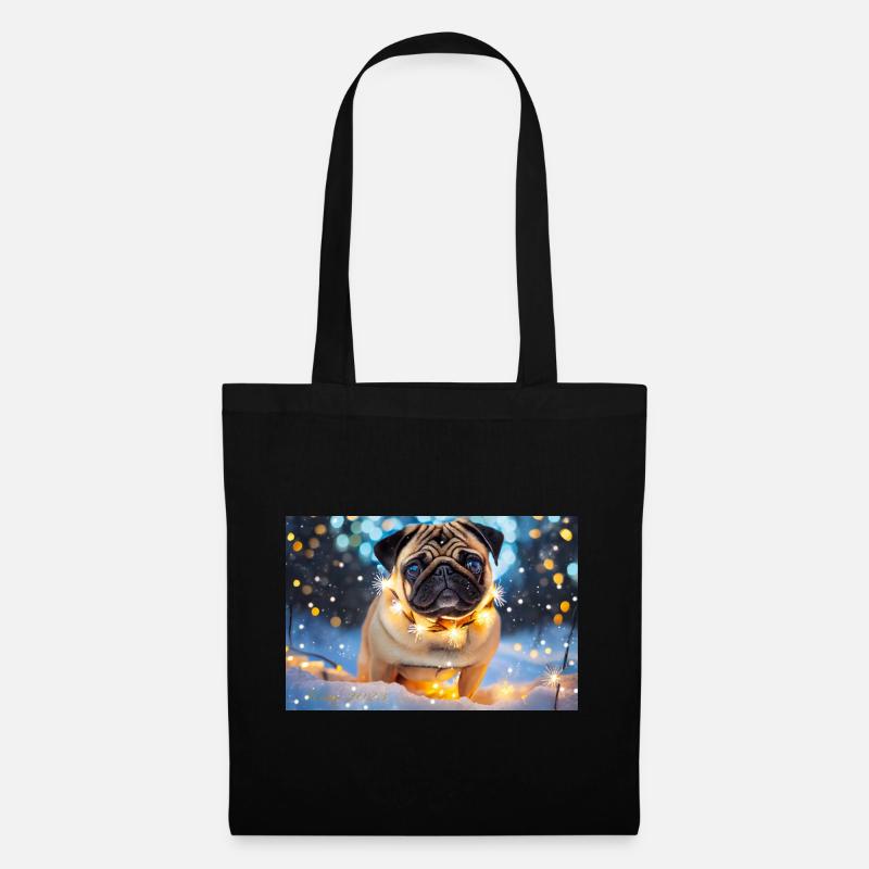 Niedlicher Pug mit Weihnachtslichtern - Stoffbeutel - Schwarz