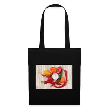 Bunte Chilischoten und Knoblauch - Stoffbeutel - Schwarz - Vorne