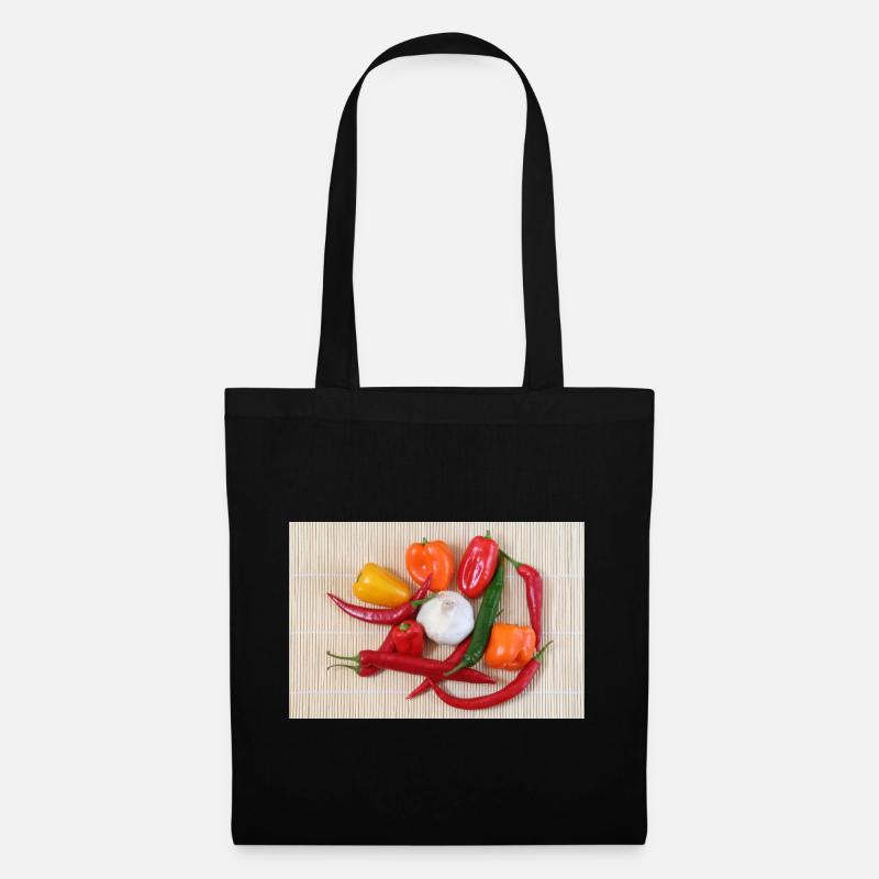 Bunte Chilischoten und Knoblauch - Stoffbeutel - Schwarz