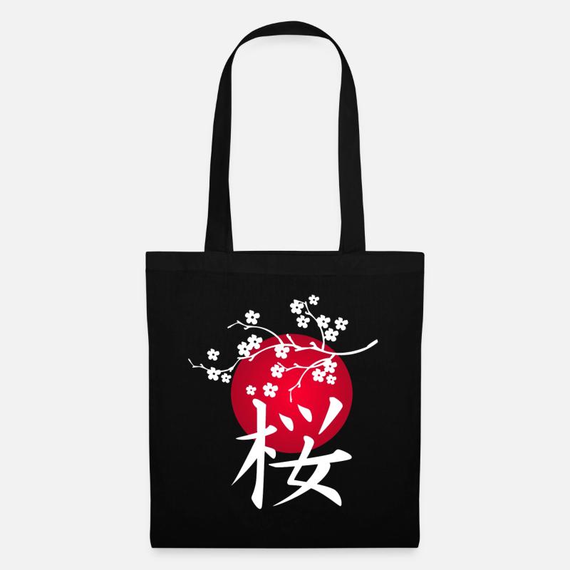 Weiße japanische Kirsche und rote Sonne - Stoffbeutel - Schwarz