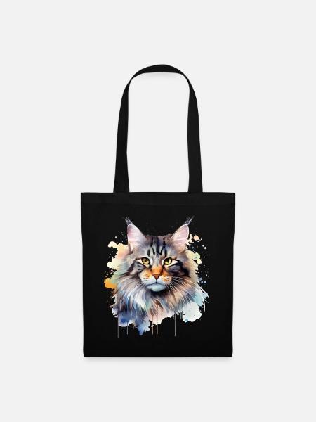 Katze Wasserfarben Maincoon - Stoffbeutel - Schwarz