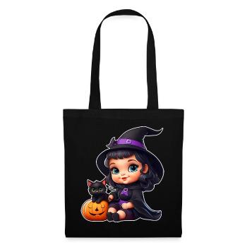 Sorcière mignonne avec chat noir et citrouille - Sac en tissu - noir - Devant