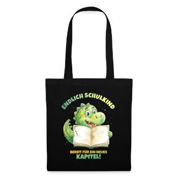 Endlich Schulkind Aquarell Dino mit Buch - grün  - Stoffbeutel - Schwarz - Vorne