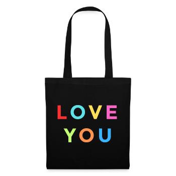 Buntes LOVE YOU Design – Regenbogen Buchstaben - Stoffbeutel - Schwarz - Vorne