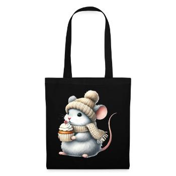 Cute mouse with a knitted hat and cupcake - Tote Bag - black - Front