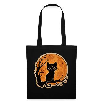 Black Cat in Front of Full Moon Halloween Motif - Tote Bag - black - Front
