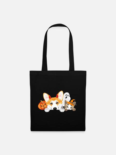 Spähender Corgi und Katze mit Halloween-Accessoires - Stoffbeutel - Schwarz