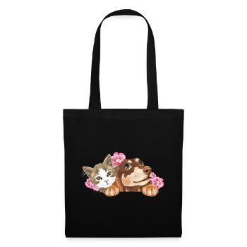 Süße Katze und träumender Dackel mit rosa Blumen - Stoffbeutel - Schwarz - Vorne