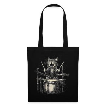 Katze Schlagzeug Drummer Rock Musik Lustig - Stoffbeutel - Schwarz - Vorne