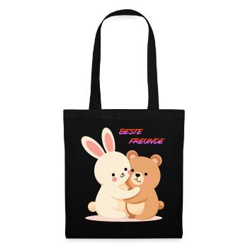 Beste Freunde Kuscheln Süße Tiere Hase und Bär - Stoffbeutel - Schwarz - Vorne
