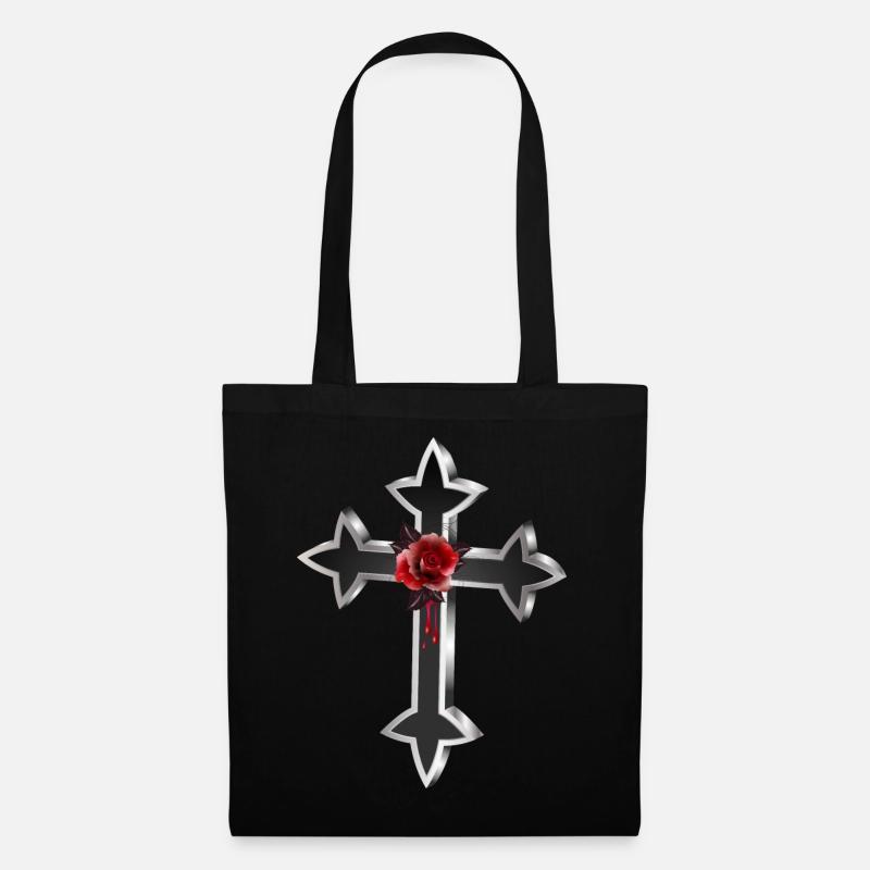 schwarz silberfarbenes Gothic Kreuz mit roter Rose - Stoffbeutel - Schwarz