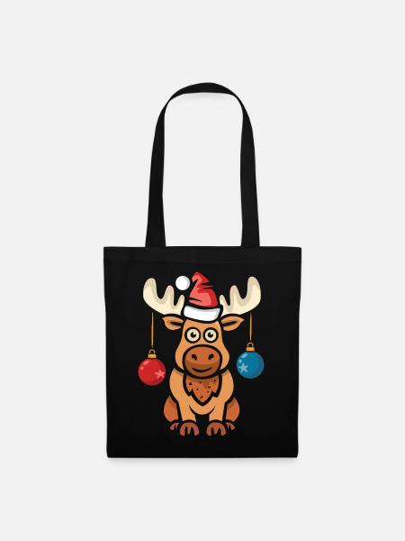 Weihnachtlicher Elch Santa mit Kugeln Cartoon - Stoffbeutel - Schwarz