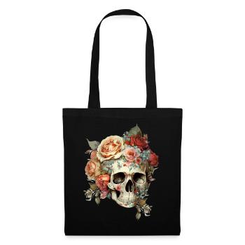 Totenkopf mit Blumen - Stoffbeutel - Schwarz - Vorne