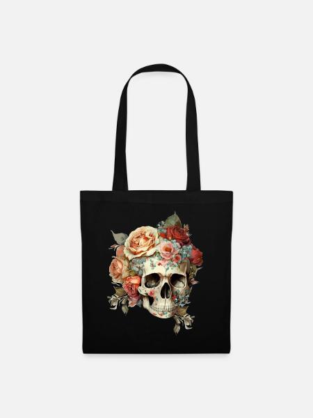 Crâne avec des fleurs - Sac en tissu - noir