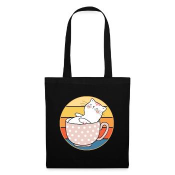 Lustiges süßes Kawaii Katzengesicht Retro Sonnenuntergang - Stoffbeutel - Schwarz - Vorne