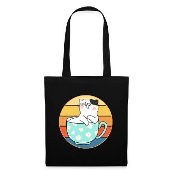 Lustiges süßes Kawaii Katzengesicht Retro Sonnenuntergang - Stoffbeutel - Schwarz - Vorne