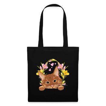 Peeking cute ginger cat with wreath of flowers - Tote Bag - black - Front