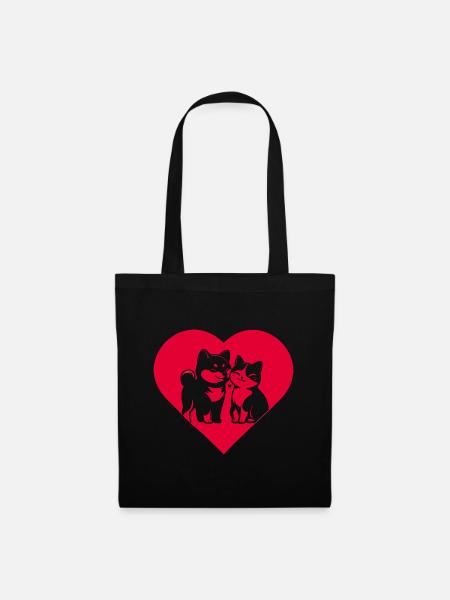 Herz mit Katze und Hund - Tierliebe - Stoffbeutel - Schwarz
