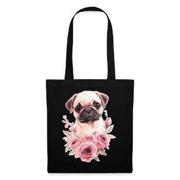 Mops mit Blumen - Stoffbeutel - Schwarz - Vorne